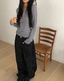 Kuman stitch cut button denim balloon fit long pants