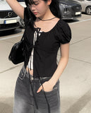 Mihen Ribbon Strap Puff Short Sleeve Blouse