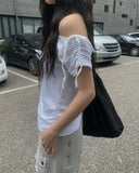 Daming One Shoulder Off Shirring Ribbon T-Shirt