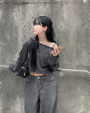 Leaven Off Slit Ribbon Crop Knit