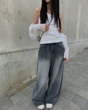 Bent Black Denim Pintuck Wide Pants