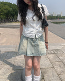Sege Belt Denim Pleated Mini Skirt
