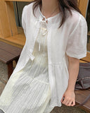 Hanoyu Shirring Ribbon Button Strap Short Sleeve Blouse