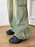 All Teen Vintage Yellow Washing Pocket Cargo Fringe Denim Long Wide Pants