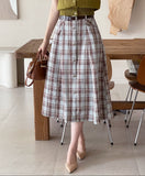Macaroon Check Button A-Line Long Skirt (Belt Set)