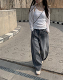 Bent Black Denim Pintuck Wide Pants
