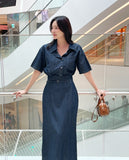 Inkaru denim collar shirt belt H-line skirt set