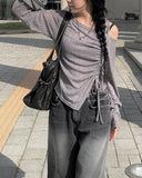 One Off Slit Shirring Long Sleeve T-shirt