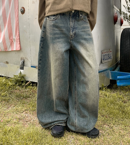【BAON】[unisex] Kuchimi Washing Wide Balloon Denim Pants BAON (バオン) - [男女兼用]クチミウォッシングワイドバルーン