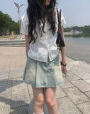 Sege Belt Denim Pleated Mini Skirt