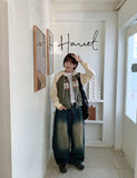 Dyuijeu ribbed washing wide denim pants