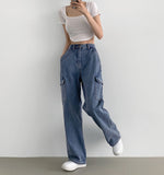 American Casual Cargo Pocket Classic Long Wide Denim Pants