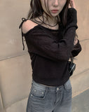 D’lzu One Shoulder Off Ribbon Boucle Knit