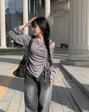 One Off Slit Shirring Long Sleeve T-shirt