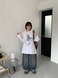 Elku Snap Button Washing Wide Denim Pants