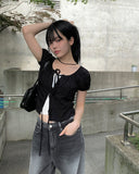 Mihen Ribbon Strap Puff Short Sleeve Blouse