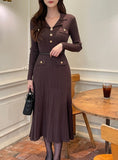 Easel Button Collar Knit Flare Long One Piece