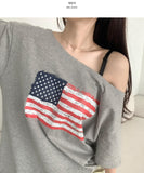 American Flag Loose Fit One Off Shoulder Short Sleeve T-shirt