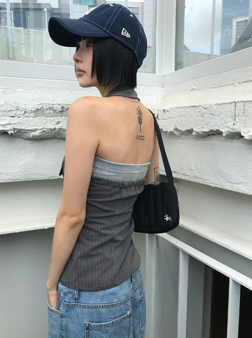 STRIPE SHIRRING HALTER TOP