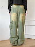 All Teen Vintage Yellow Washing Pocket Cargo Fringe Denim Long Wide Pants