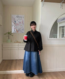 Elenit Cat Washing Flared Denim Long Skirt