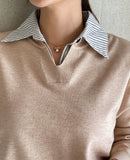 Tienti Stripe Color Matching Collar Knit