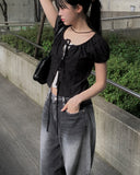 Mihen Ribbon Strap Puff Short Sleeve Blouse