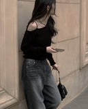 D’lzu One Shoulder Off Ribbon Boucle Knit