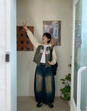 Dyuijeu ribbed washing wide denim pants