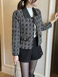 Demur Color Matching Collar Pattern Tweed Short Jacket