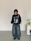 Elleud Cat Washing Wide Balloon Denim Pants