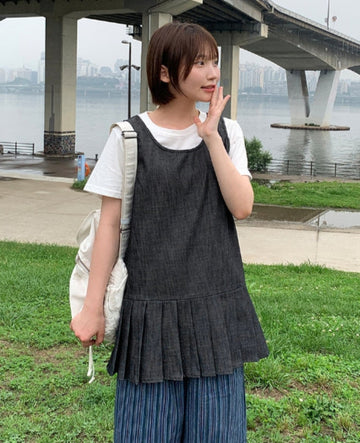 Hien Pleats Denim Layered Sleeveless One Piece