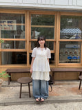 Hanoyu Shirring Ribbon Button Strap Short Sleeve Blouse