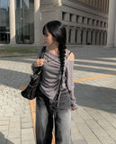 One Off Slit Shirring Long Sleeve T-shirt