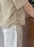 Elle shirring strap check roll-up short sleeve shirt
