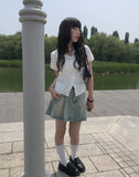 Sege Belt Denim Pleated Mini Skirt