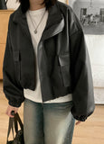 Fukui Pocket String Crop Leather Jumper