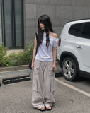 Daming One Shoulder Off Shirring Ribbon T-Shirt