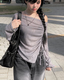 One Off Slit Shirring Long Sleeve T-shirt