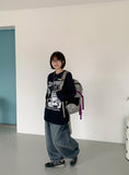 Elleud Cat Washing Wide Balloon Denim Pants