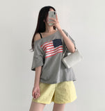 American Flag Loose Fit One Off Shoulder Short Sleeve T-shirt