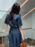 Inkaru denim collar shirt belt H-line skirt set