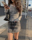 Alt Black Denim Washing Denim Mini Skirt