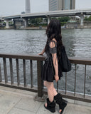 Newdy One Shoulder Open Ribbon Short Sleeve T-shirt