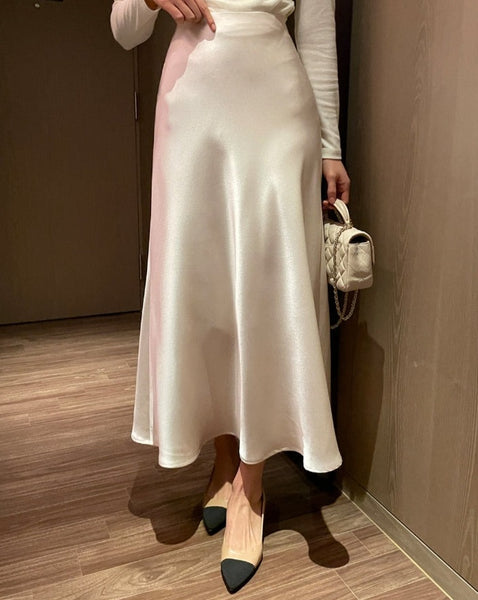 【I AM MARI】Liperon Satin Flared Banding Skirt I AM MARI (アイアムマリ) - リペロンサテンフレアバンディング