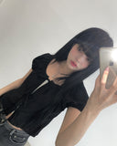 Mihen Ribbon Strap Puff Short Sleeve Blouse