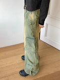 All Teen Vintage Yellow Washing Pocket Cargo Fringe Denim Long Wide Pants