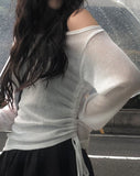 Jea Summer Long Sleeve Off Shoulder See Through Shirring T-Shirt