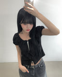 Mihen Ribbon Strap Puff Short Sleeve Blouse