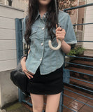 Sky Crop Denim Short Sleeve Shirt
